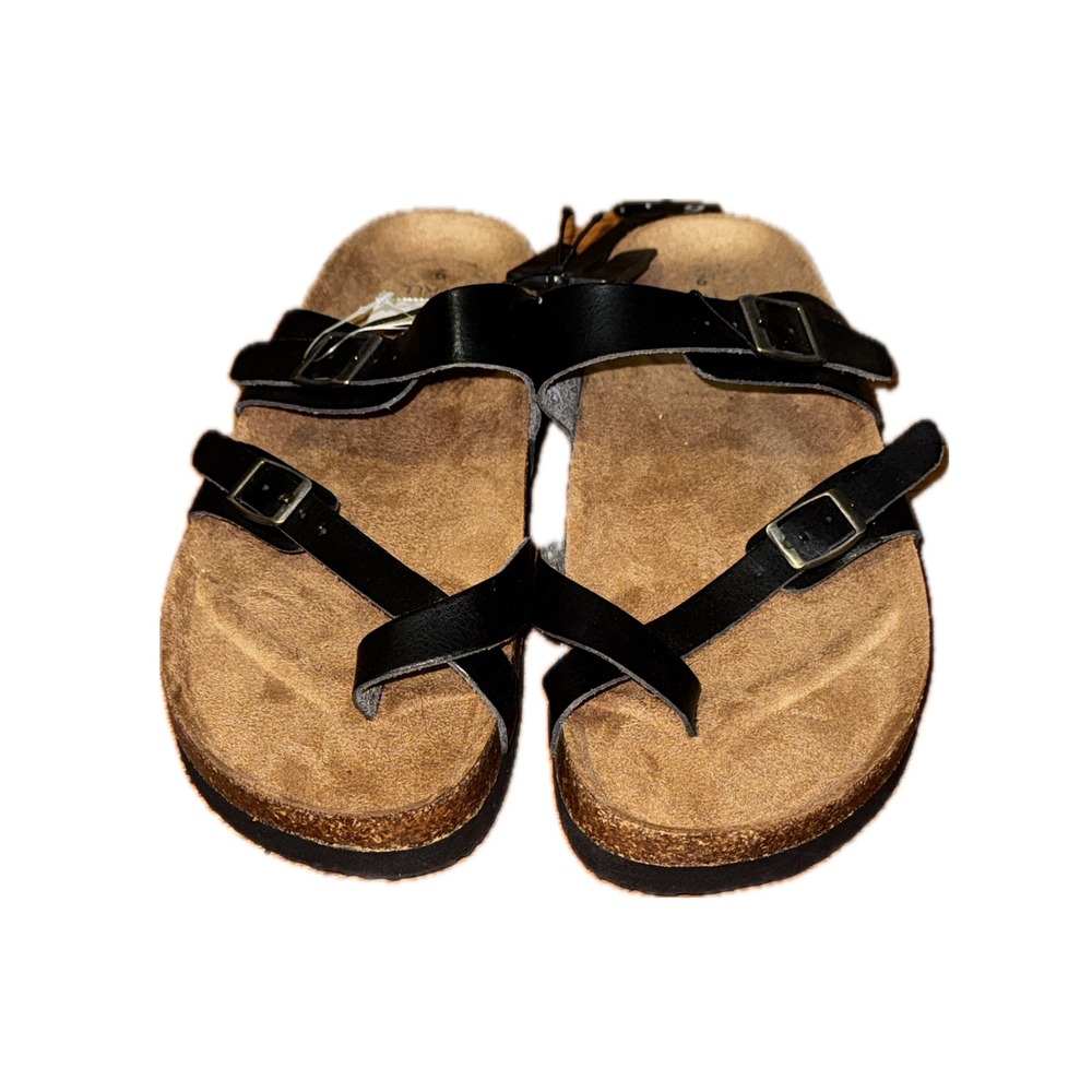 Time and Tru Womens Black Multi‎ Strap Cork Bed Sandals Size 9 NWT Thong Slide